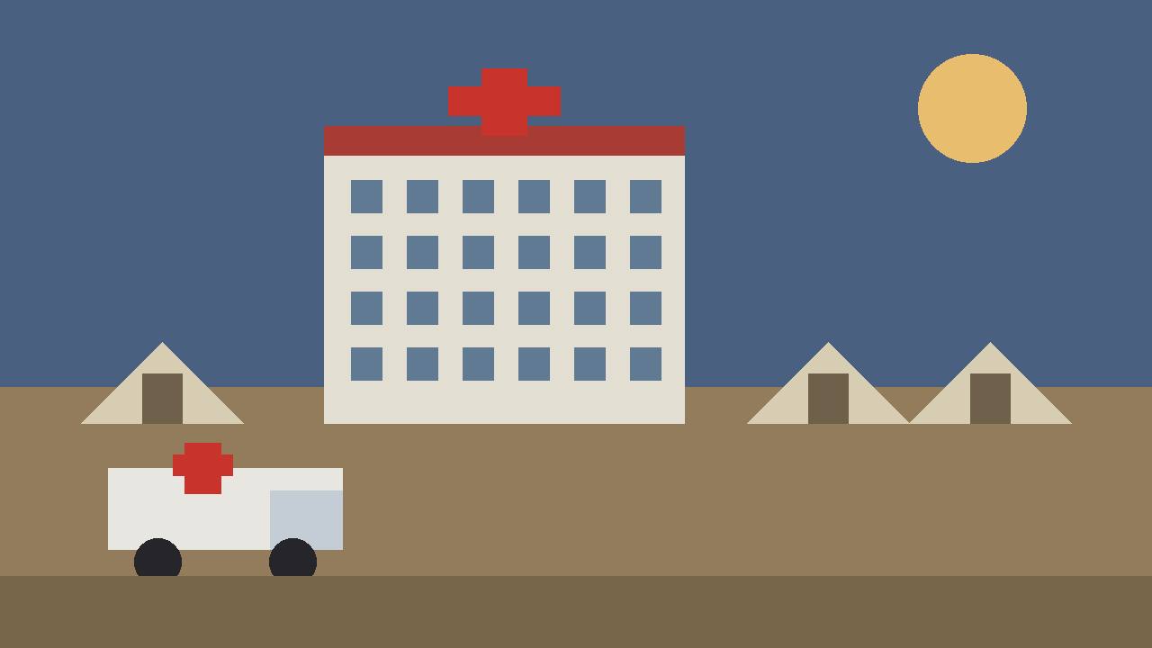 Editorial illustration of a generic hospital building, aid tents and an ambulance at dusk — no real place or person depicted