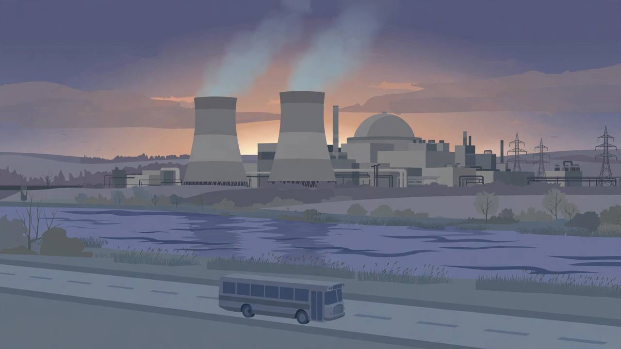 Editorial illustration of a generic nuclear power plant with cooling towers and a staff bus on a road, flat style, no text, no person depicted