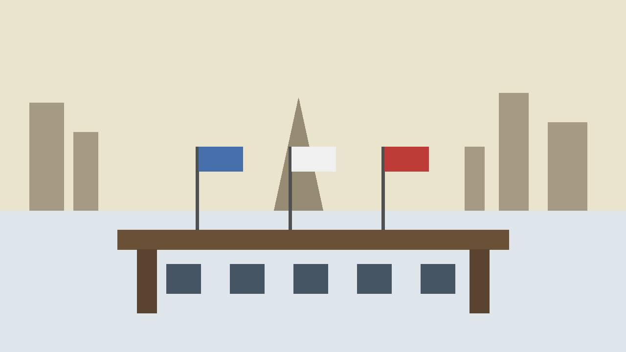 Editorial illustration of a negotiation table with three plain flag blocks and a generic desert skyline — flat style, no person depicted