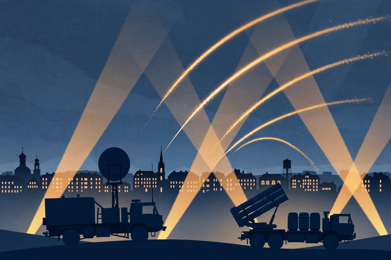 Editorial illustration of a generic air-defence radar and missile launcher silhouetted against a night sky over a generic Eastern European city, with stylised missile trails in the distance