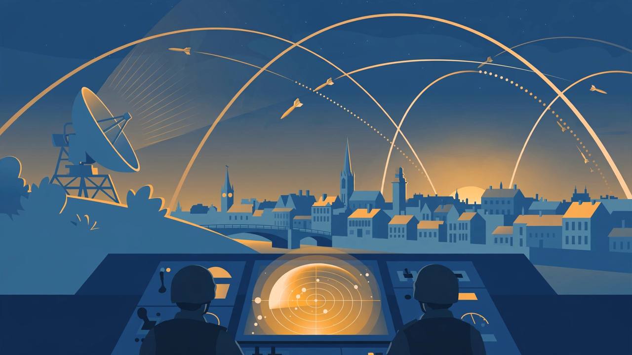 Editorial illustration of a generic air-defence radar and interceptor arcs over a generic European city skyline at dusk, with generic silhouetted operators at a radar console - flat style, no real person shown