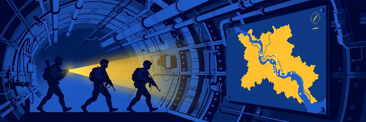 Ukrainian soldiers moving through an underground gas pipeline near Kupiansk (Editorial illustration)