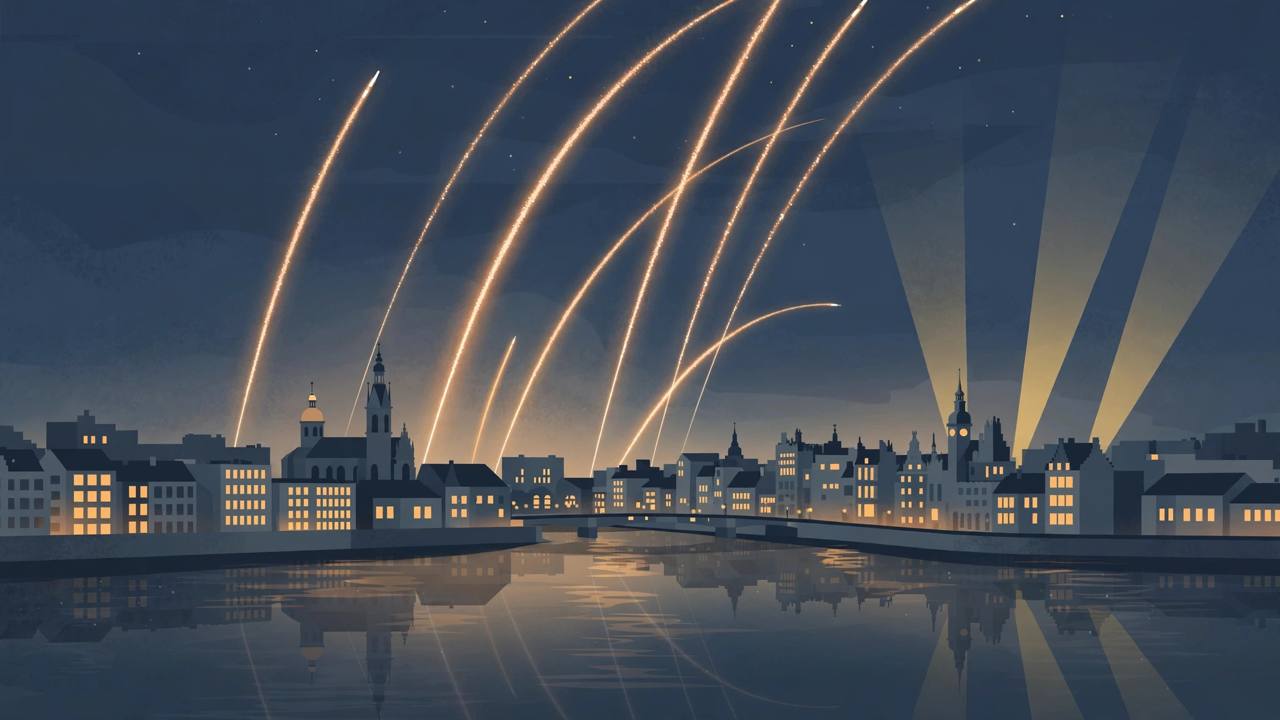 Editorial illustration of air-defence interceptor trails rising over a generic city skyline beside a wide river at night
