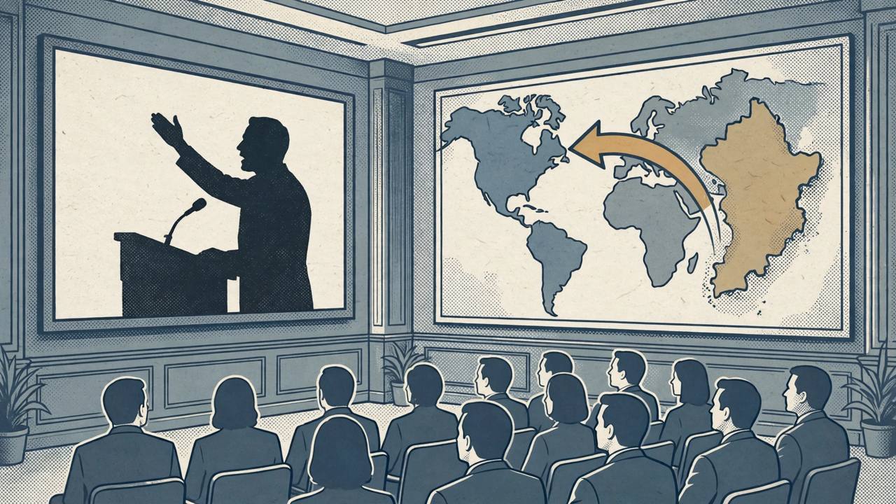 Editorial illustration of a generic leader on a large video screen addressing a think-tank audience, beside a stylised map with a thick trade arrow between two generic country shapes