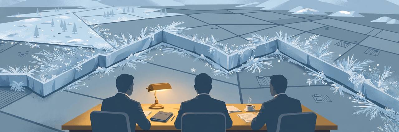 Editorial illustration of a negotiating table in front of a frozen front line on a stylised map