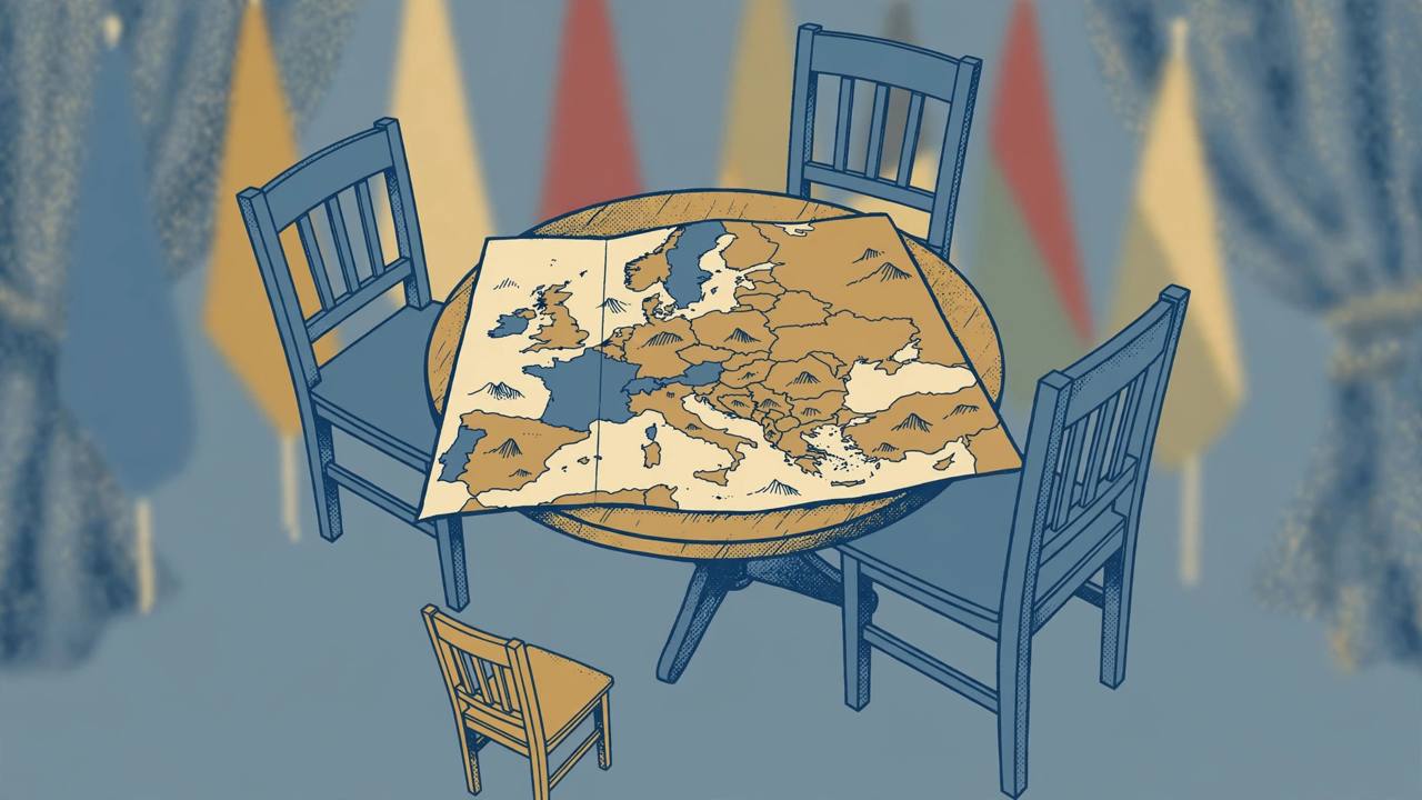Editorial illustration of three large empty chairs around a summit table with a map of Europe and a fourth smaller chair outside the circle, no real person depicted