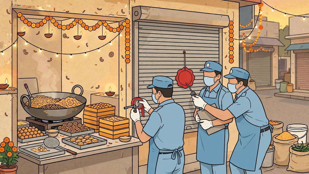 Editorial illustration of municipal food safety inspectors in caps, masks and gloves sealing a sweets and namkeen unit in Ahmedabad ahead of Diwali, with a large frying kadhai and stacked sweet boxes