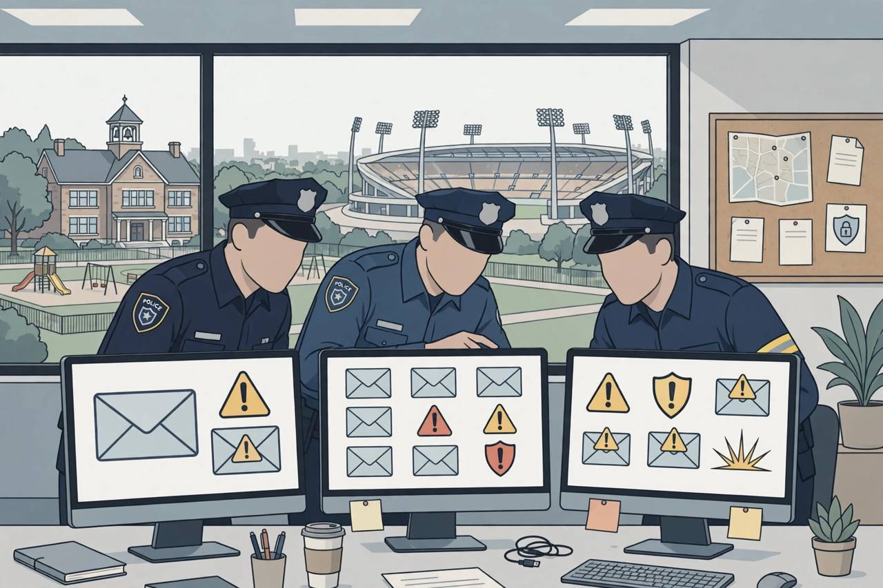 Editorial illustration of cyber crime officers examining email warnings on computer screens, with a school and a stadium in the background