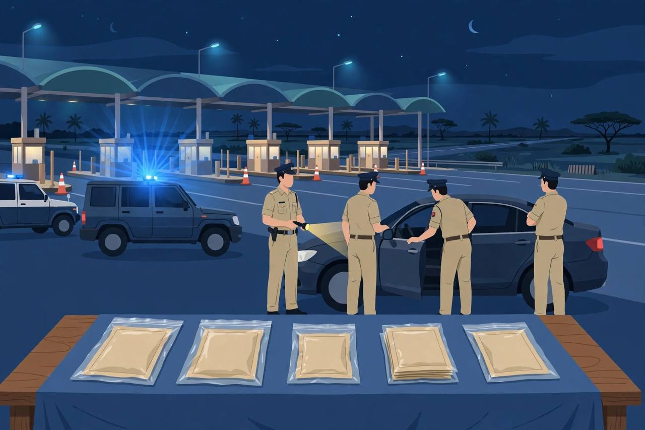 Editorial illustration of police inspecting a car at a highway toll plaza at night with sealed evidence packets on a table