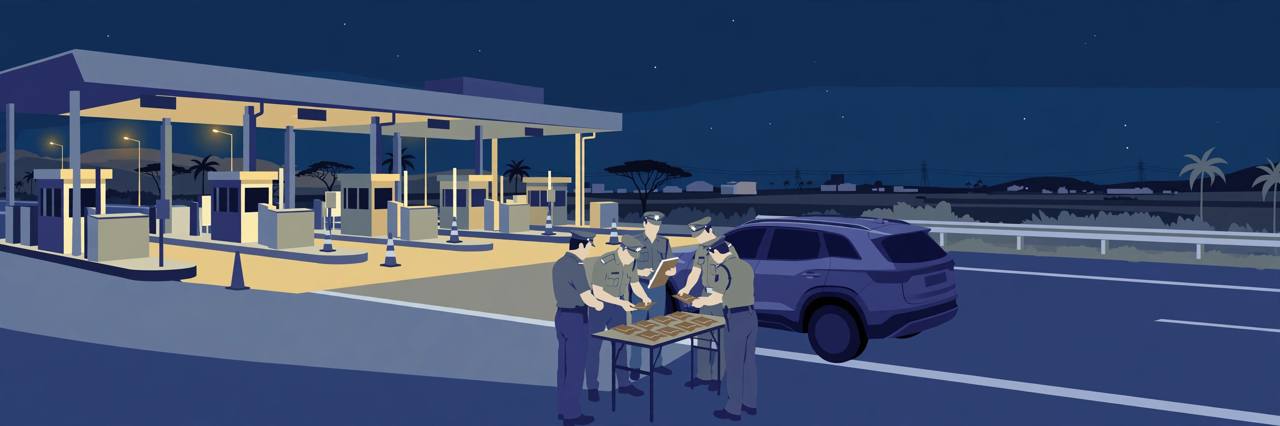 Editorial illustration of police officers inspecting seized packets beside a stopped SUV at a highway toll plaza at night