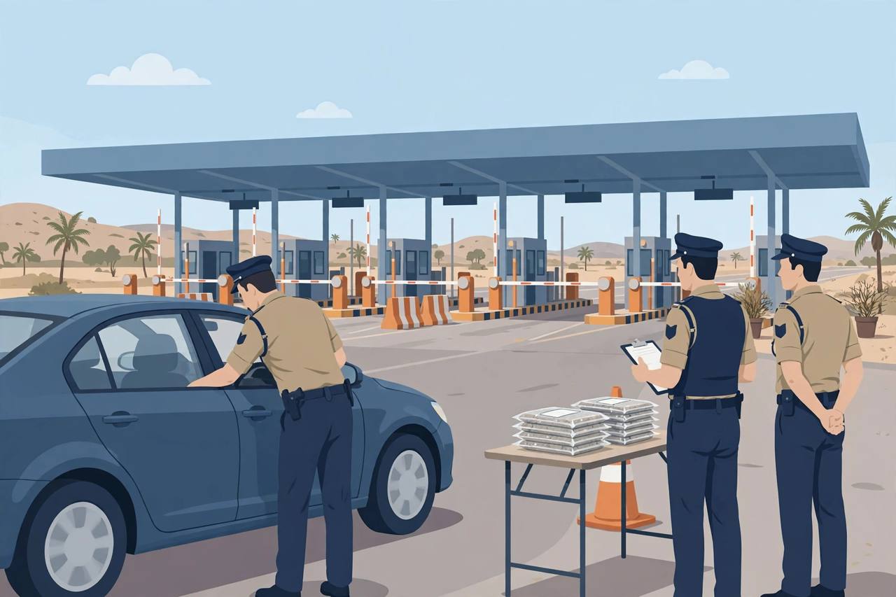 Editorial illustration of a police checkpoint at a highway toll plaza in Gujarat, with generic uniformed officers inspecting a car and sealed evidence packets on a table