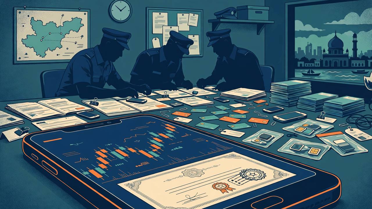 Editorial illustration of cyber crime officers examining seized bank account kits, debit cards and phones on a desk, with a smartphone showing a fake trading chart and a forged certificate in the foreground