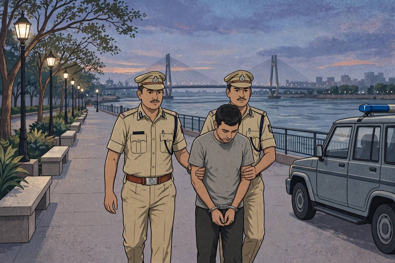 Editorial illustration of police escorting a handcuffed man along the Sabarmati Riverfront in Ahmedabad