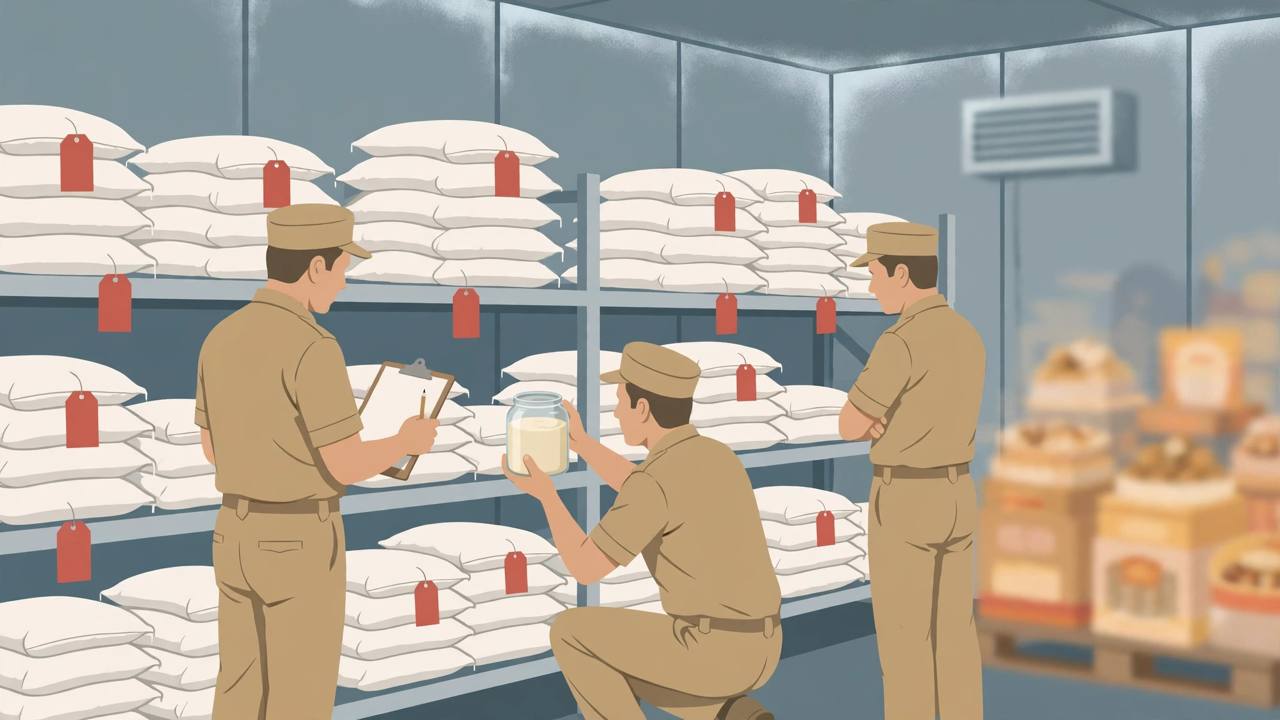 Editorial illustration of municipal food-safety inspectors examining stacked bags of mawa inside a cold storage warehouse in Ahmedabad