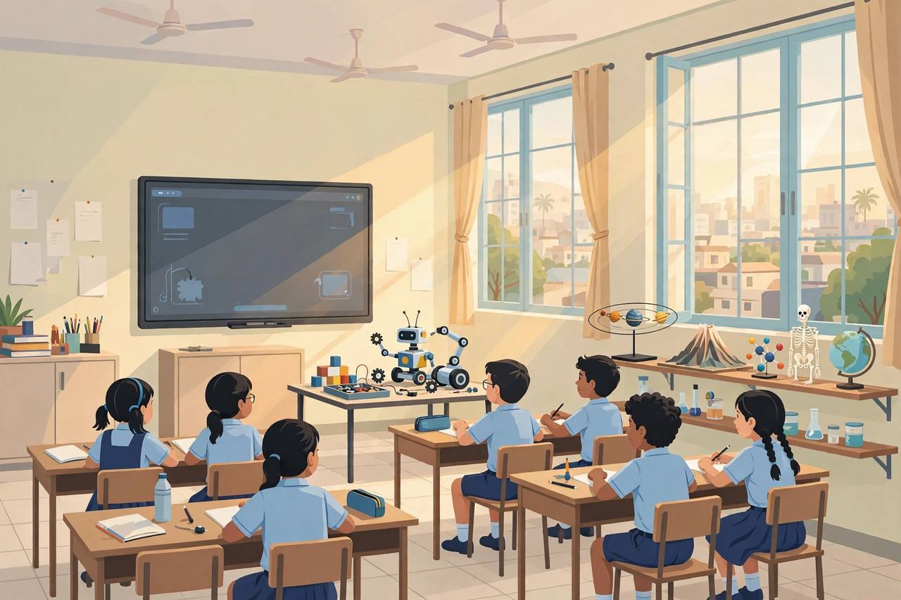 Editorial illustration of a bright modern government school classroom with children at desks, a smart board and a robotics table