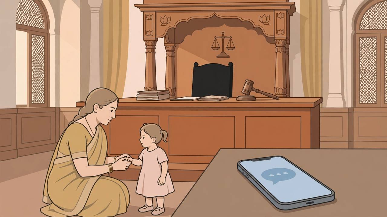 Editorial illustration of a high court room with a mother holding her toddler daughter's hand and a smartphone showing a chat bubble