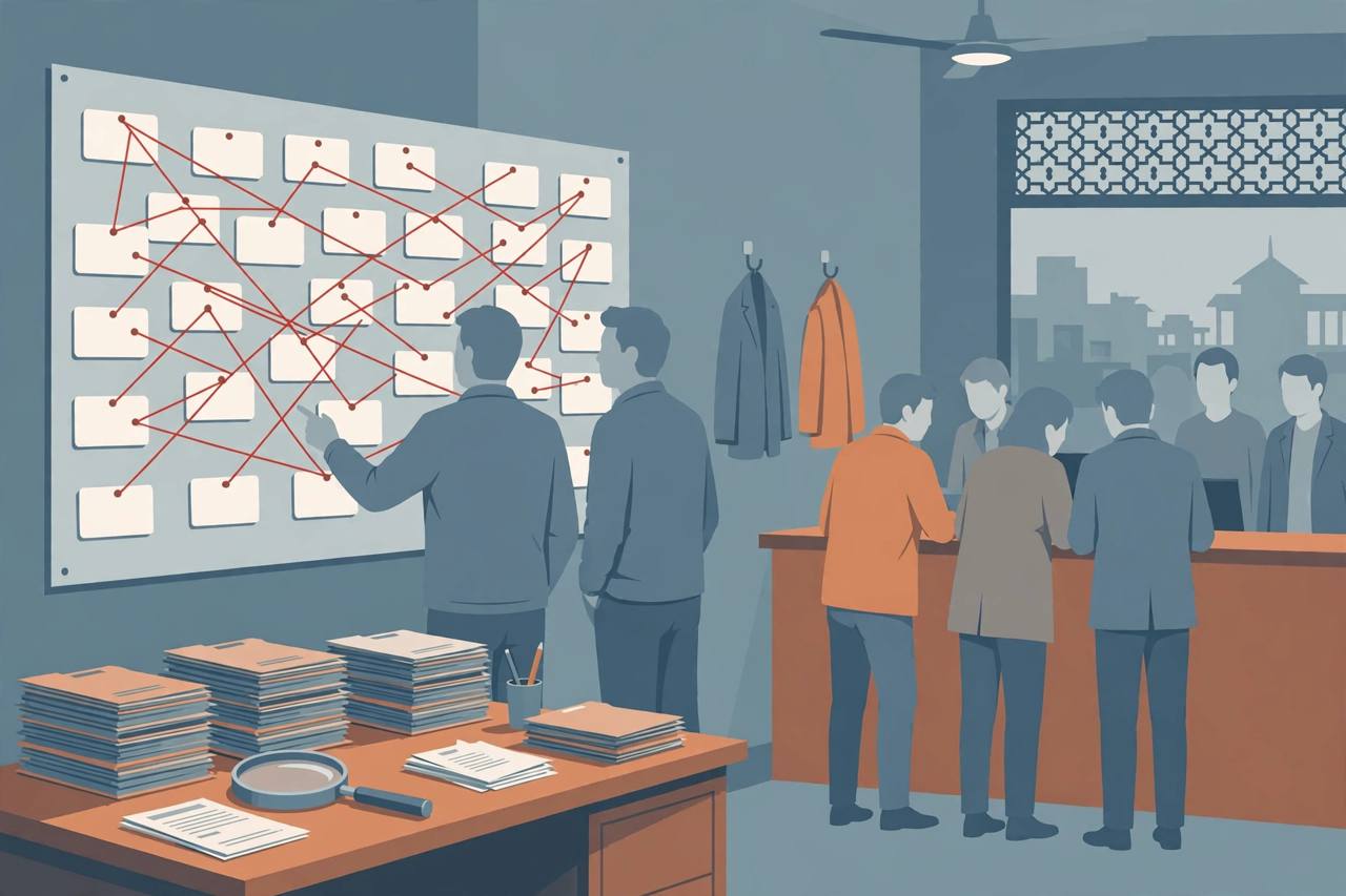 Editorial illustration of investigators examining a board of bank-account cards and case files in an economic offences office in Ahmedabad