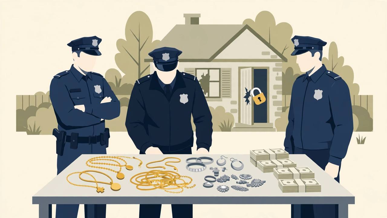 Editorial illustration of police officers displaying recovered gold jewellery and cash beside a house with a broken lock