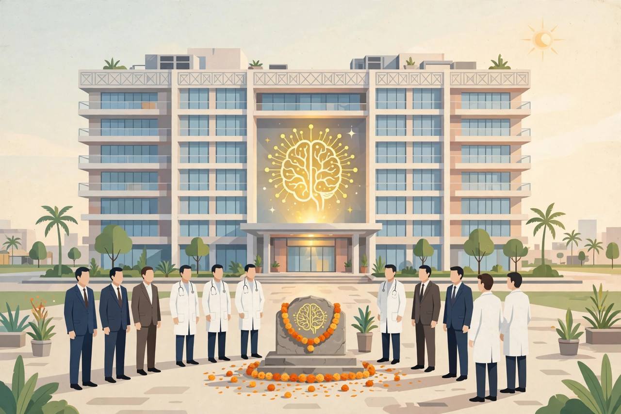 Editorial illustration of a modern hospital building in Ahmedabad with a foundation-stone ceremony, generic officials and doctors, and a stylised brain-and-neuron symbol above the entrance