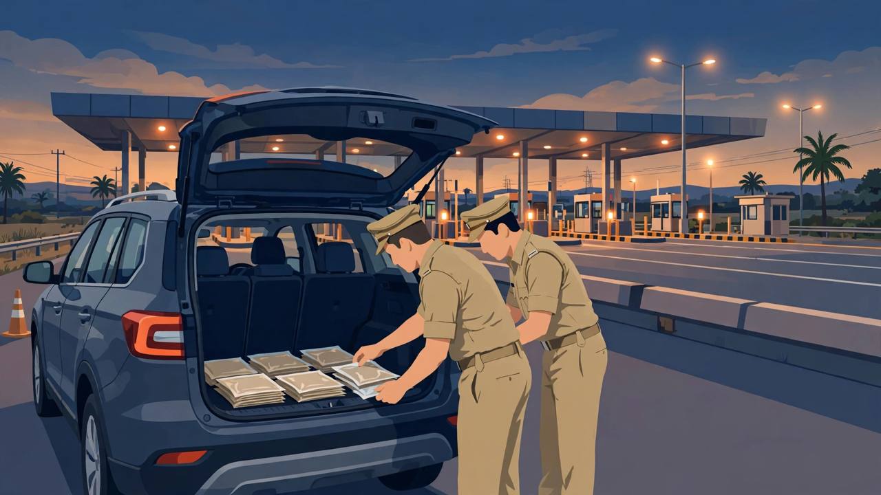 (Editorial illustration) Police officers inspecting sealed evidence packets at the back of an SUV stopped at a highway toll plaza at dusk in Gujarat