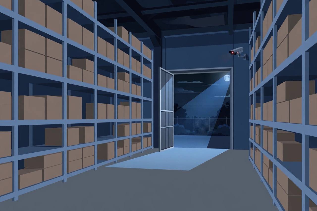 (Editorial illustration) Warehouse interior at night with shelves of boxes, a CCTV camera and a rear door left ajar