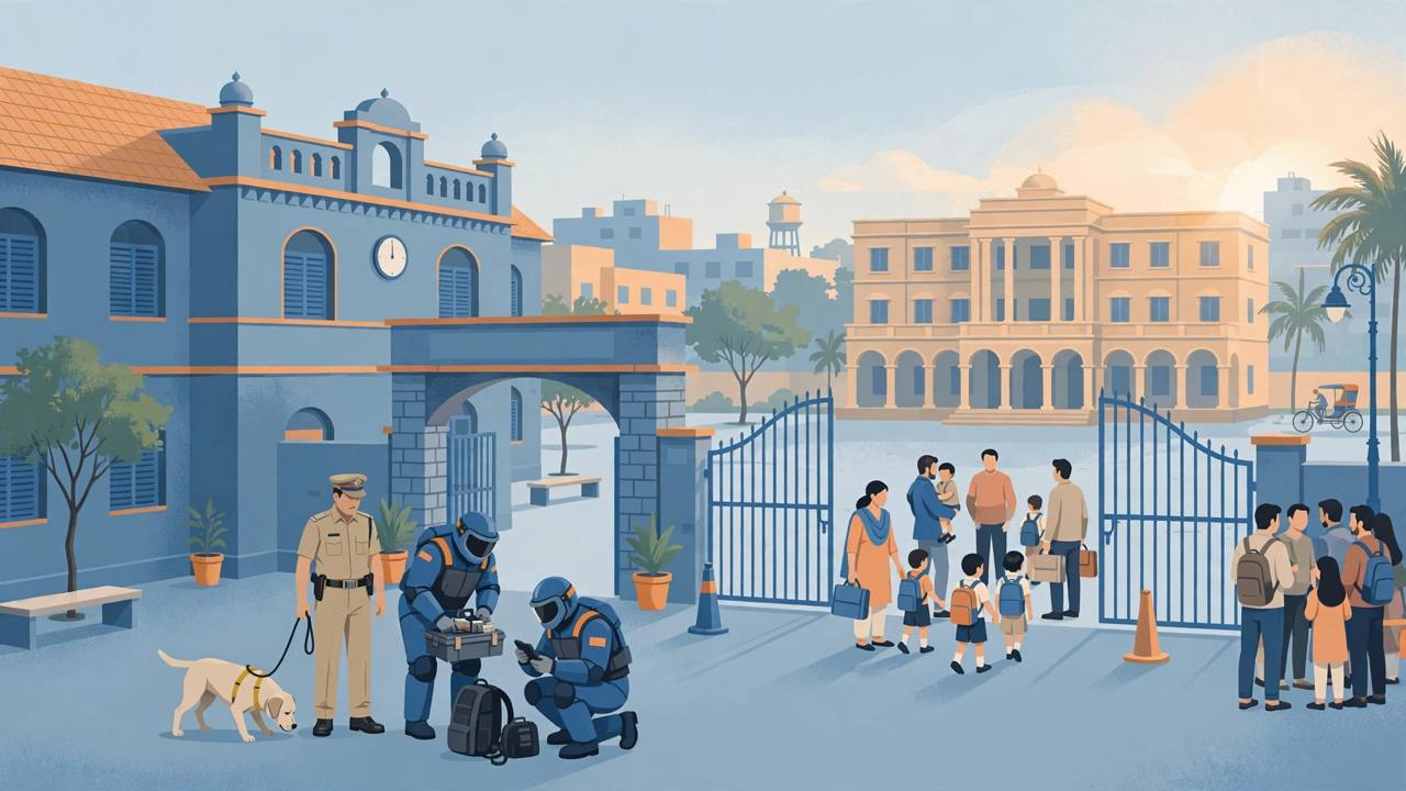 Editorial illustration of police and a bomb disposal team checking a school gate in Ahmedabad as parents collect their children