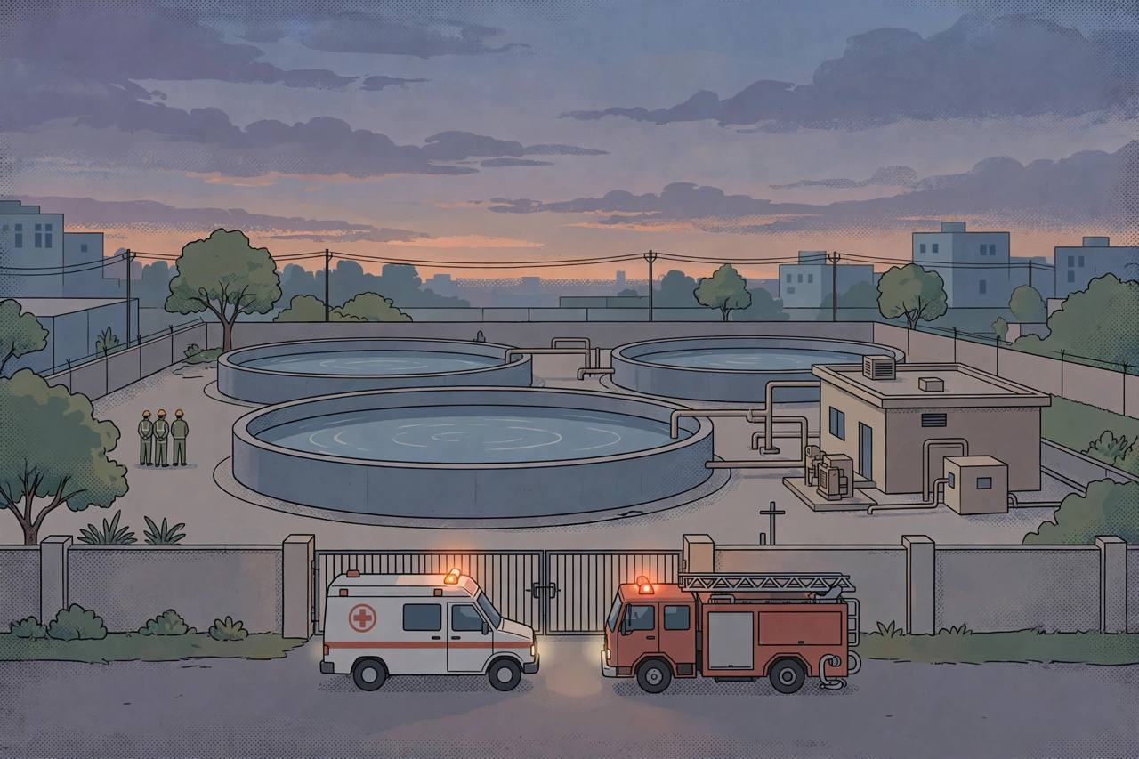 Editorial illustration of a municipal sewage treatment plant at dusk with an ambulance and a fire vehicle at the gate