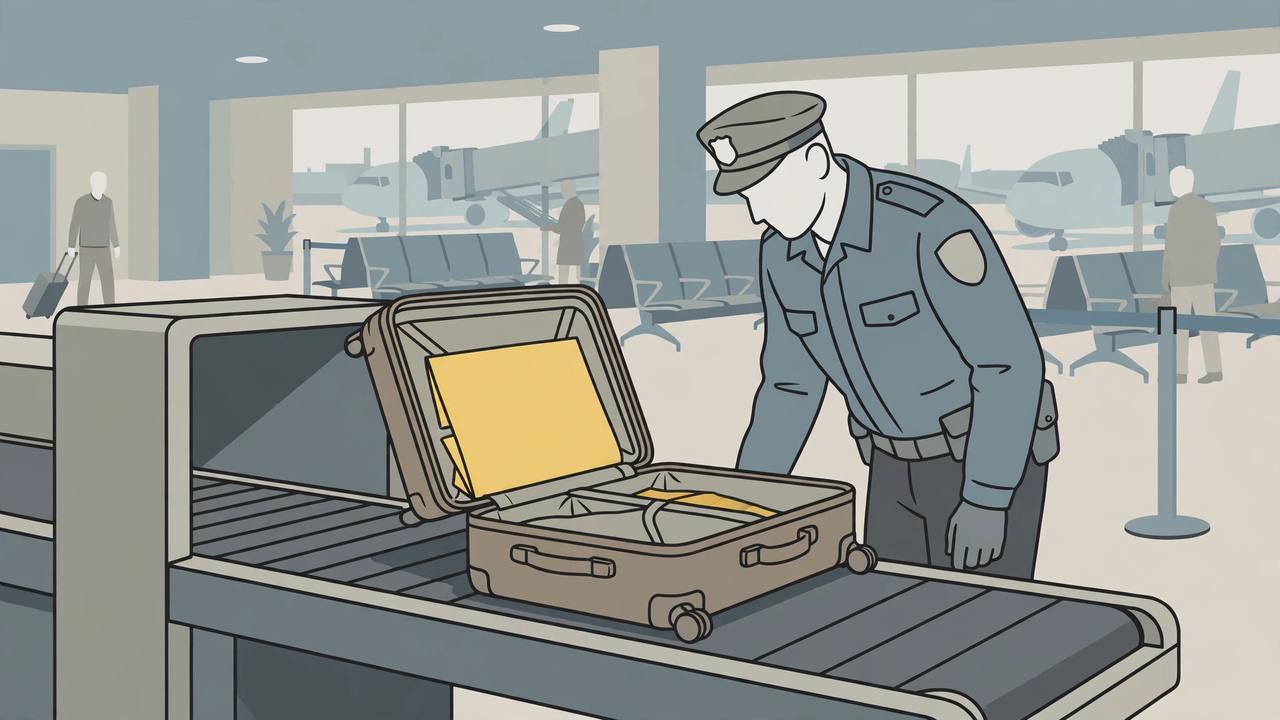 Editorial illustration of a customs officer examining an open trolley suitcase with a gold-coloured sheet inside its lining at an airport