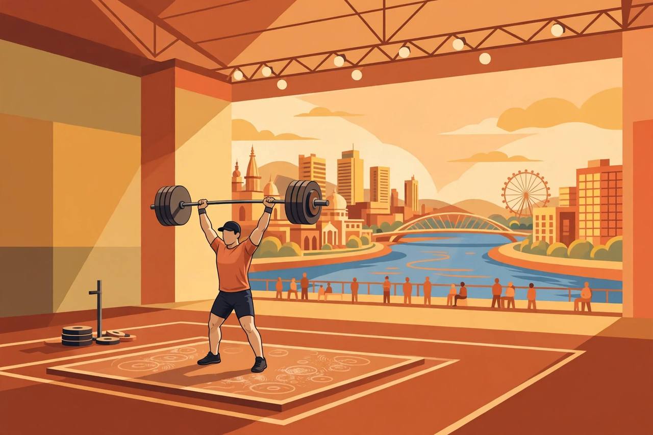 (Editorial illustration) A generic weightlifter holding a barbell overhead on a competition platform, with the Ahmedabad skyline and Sabarmati riverfront behind — flat style, generic figures only, no real person depicted