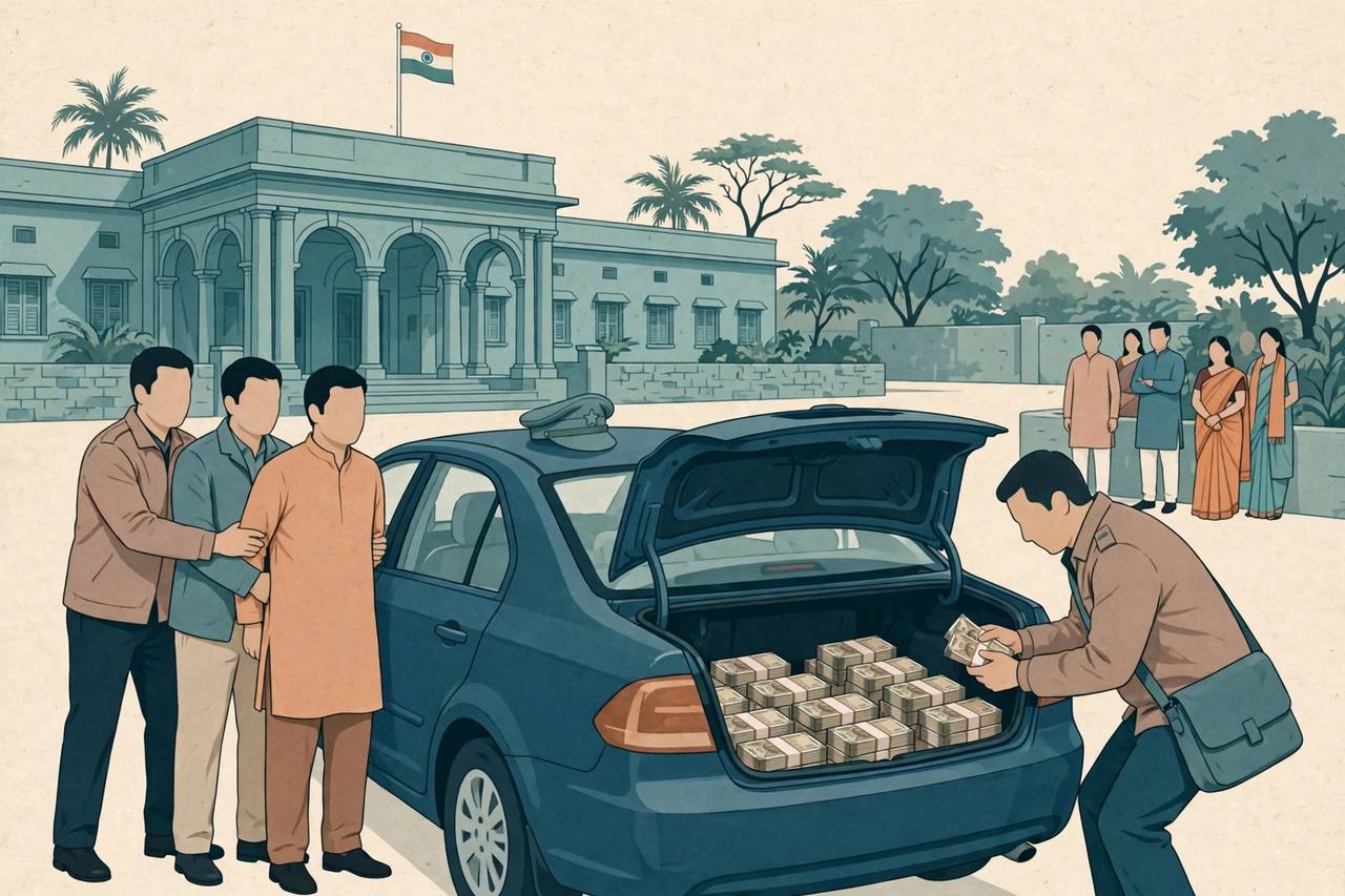 Editorial illustration of anti-corruption officers detaining a man beside a sedan car with bundles of cash in its open boot outside a government office in Anand, Gujarat