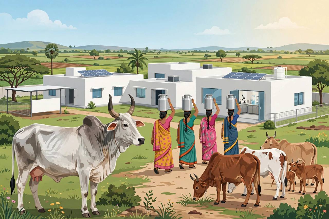 Editorial illustration of a cattle breeding research centre in Banaskantha with a Kankrej cow, other indigenous cattle and women dairy farmers carrying milk cans