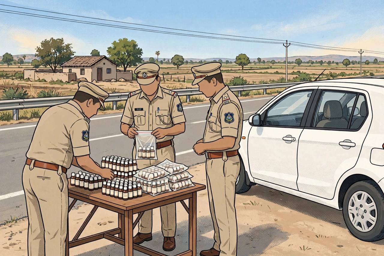 Editorial illustration of Gujarat police officers inspecting seized codeine cough syrup bottles beside a car on a highway near Bavla in Ahmedabad district