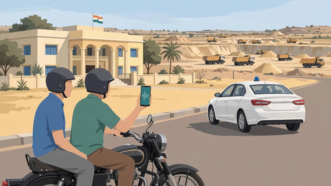 Editorial illustration of two men on a motorcycle outside a government office, one holding a phone with a voice message on screen, while an official car leaves and dumper trucks stand at a mining site in the distance