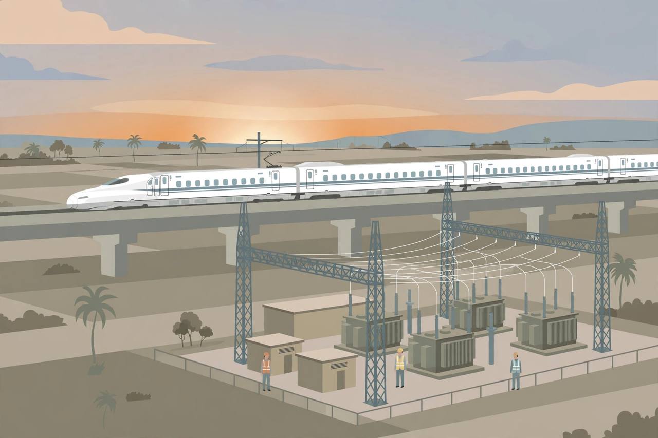 Editorial illustration of a white bullet train on an elevated viaduct in Gujarat beside a large electrical traction substation with transformers and gantry towers