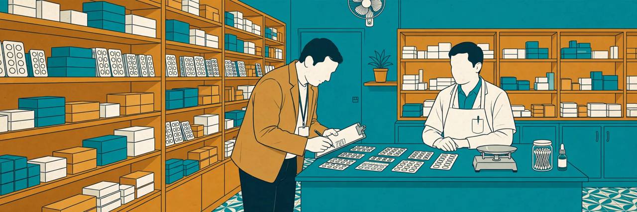 Editorial illustration of a drug inspector checking medicine strips at a pharmacy counter during an inspection in Gujarat