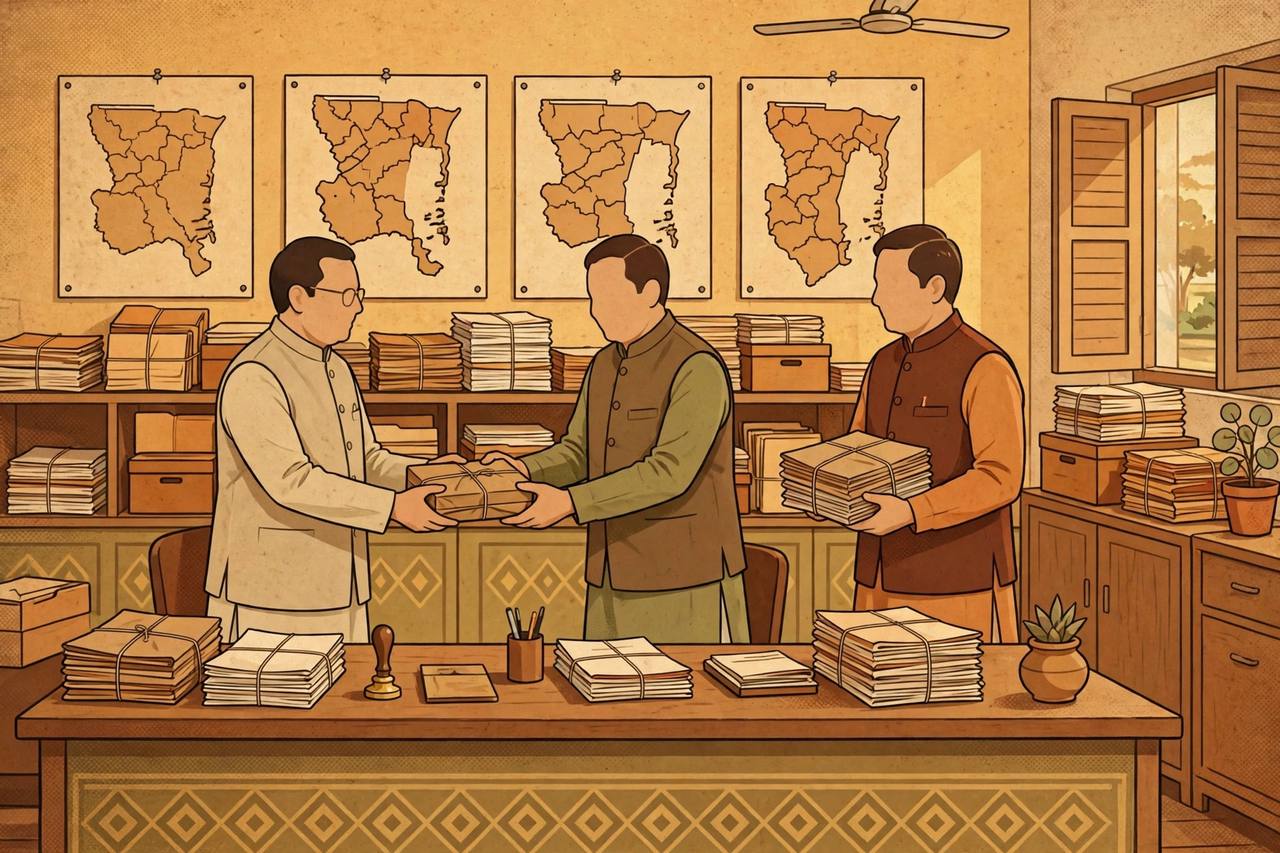 Editorial illustration of generic officials exchanging transfer-order files in a government secretariat office in Gandhinagar, Gujarat