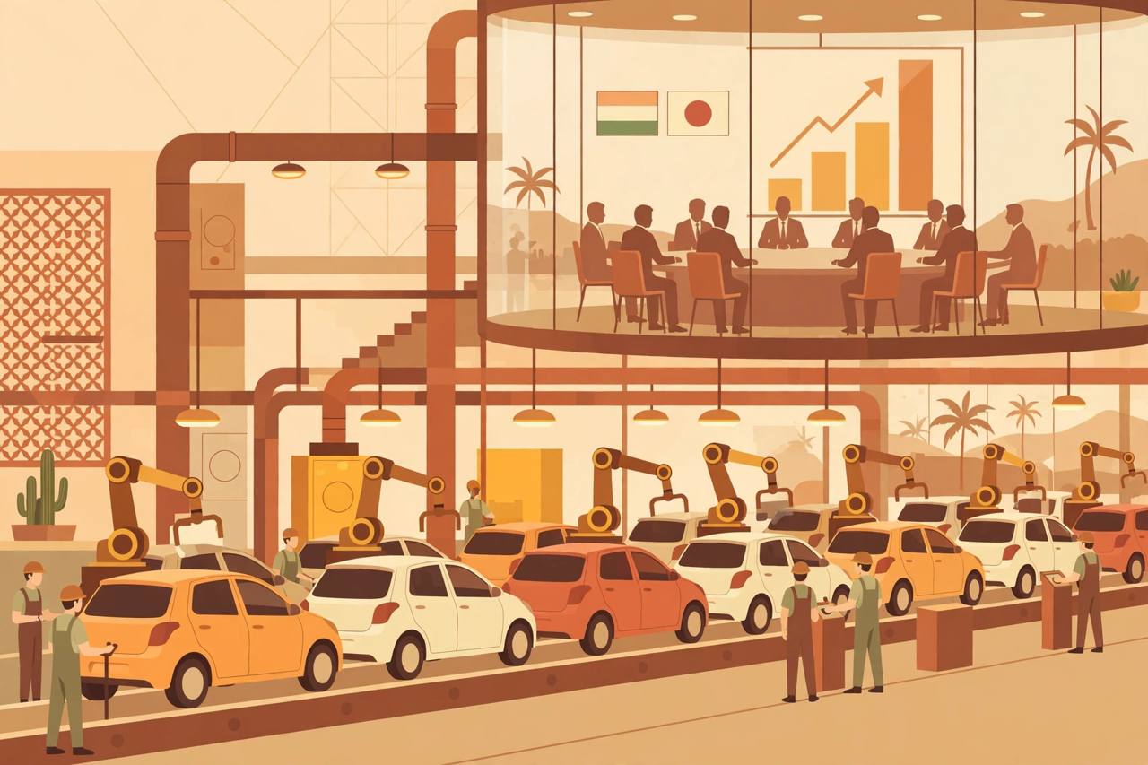 Editorial illustration of a car factory assembly line in Gujarat with a business roundtable and rising production chart above it