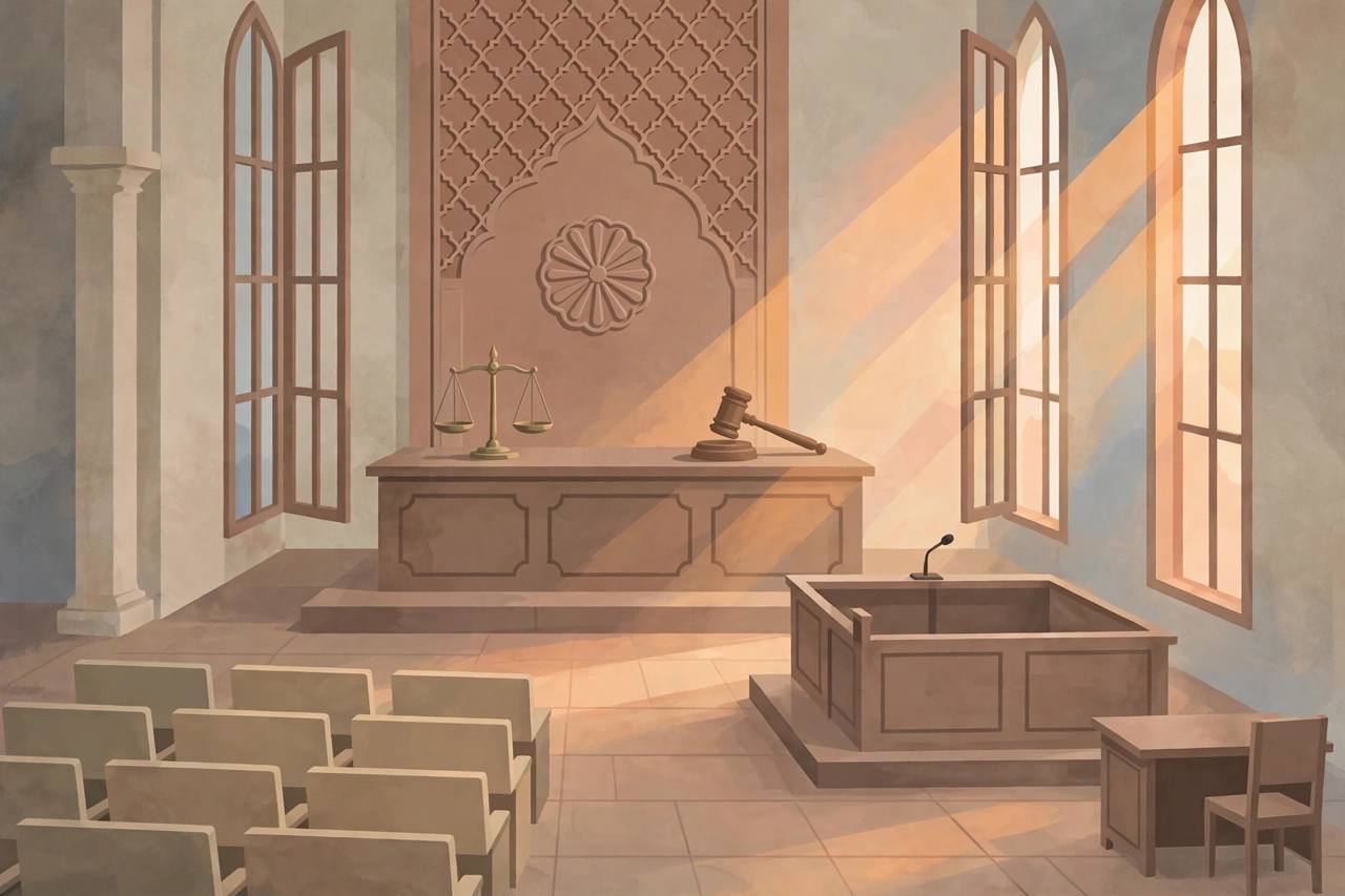 Editorial illustration of an empty Indian courtroom with a judge's bench, a wooden gavel and the scales of justice in warm light