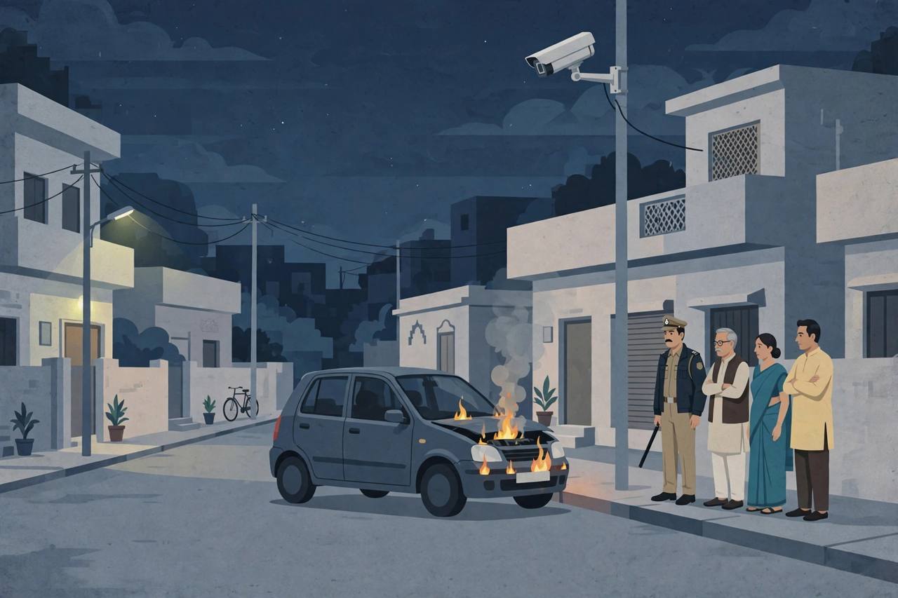 Editorial illustration of a parked car with small flames on a residential street in Morbi at night, watched by a police officer and neighbours under a CCTV camera