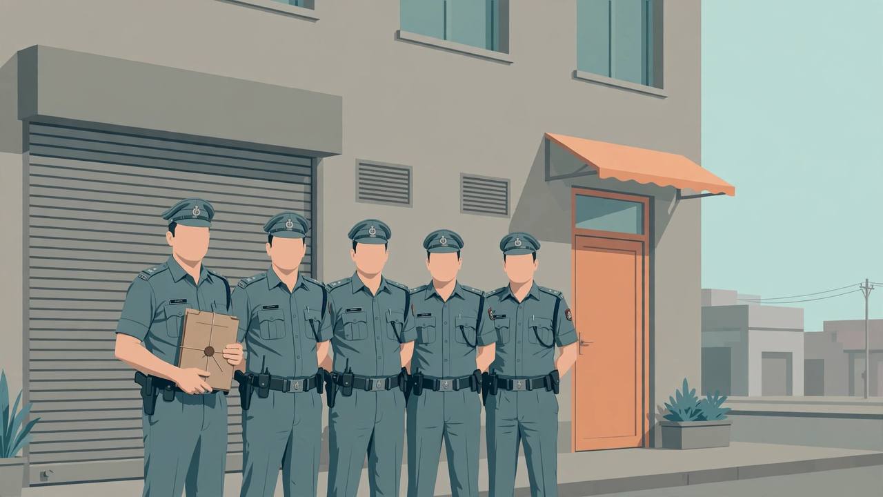 Editorial illustration of police officers standing outside a closed commercial complex in Rajkot during an anti-trafficking operation