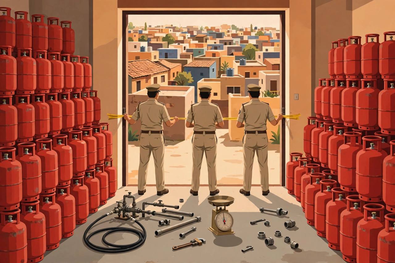 Editorial illustration of rows of red LPG cylinders stacked in a residential godown in Rajkot while generic uniformed police officers seal the premises