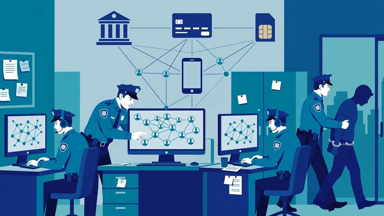 Editorial illustration of cyber crime police officers tracing mule bank accounts, ATM cards and SIM cards on computer screens