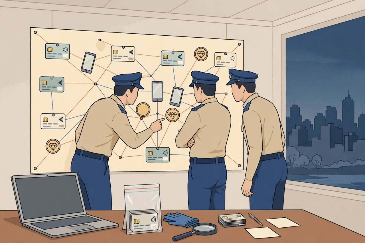 Editorial illustration of a cyber crime police investigation room in Surat with generic officers examining linked bank account cards, mobile phones and cryptocurrency symbols on a wall display