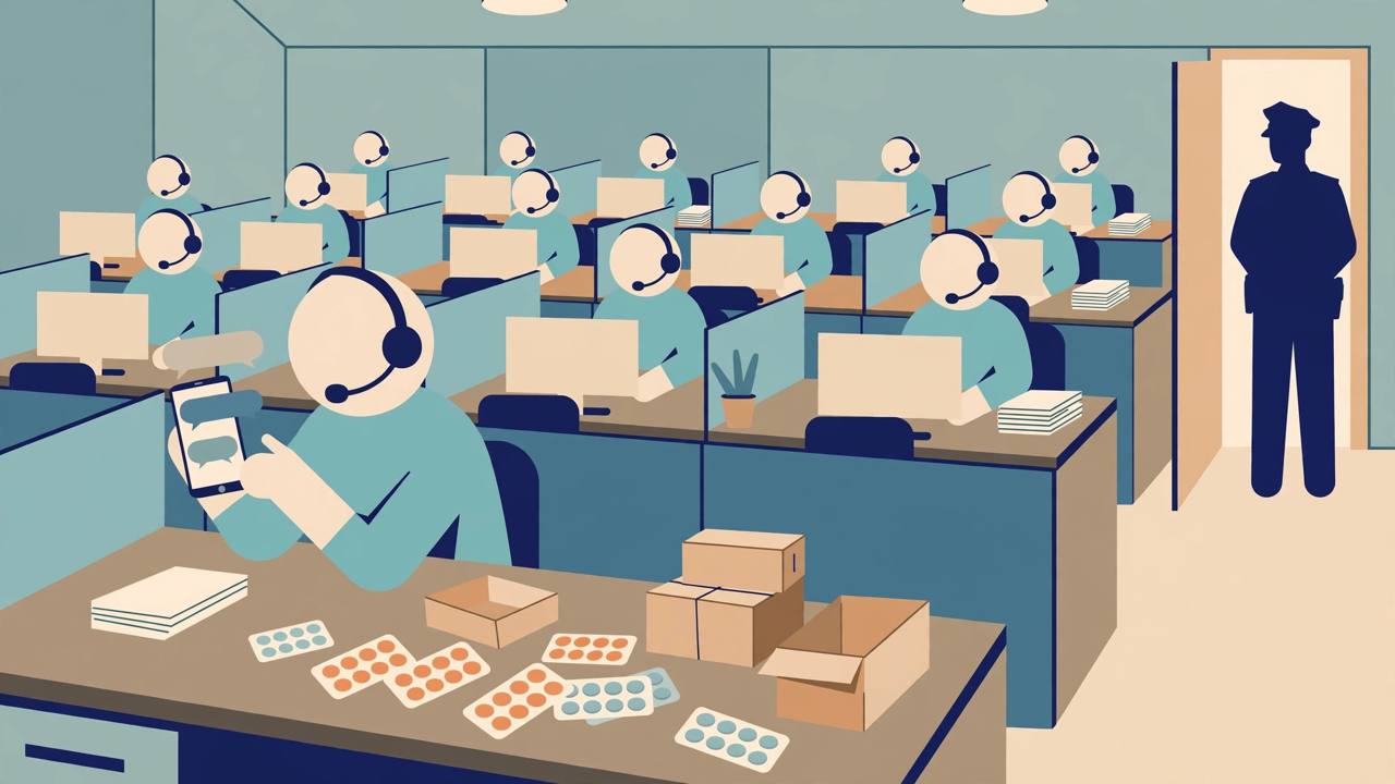Editorial illustration of a call centre with headset operators, medicine blister packs and parcels, and a police officer at the door