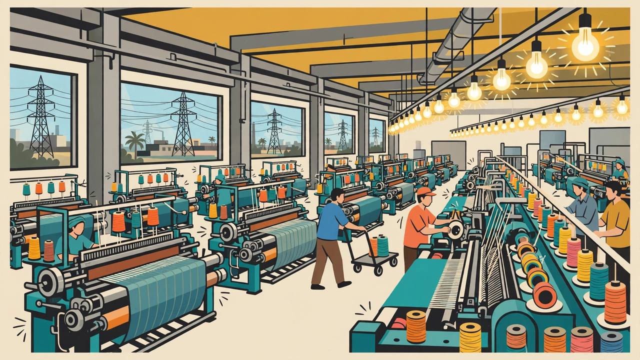 Textile factory looms running under bright electric lights in Surat (Editorial illustration)