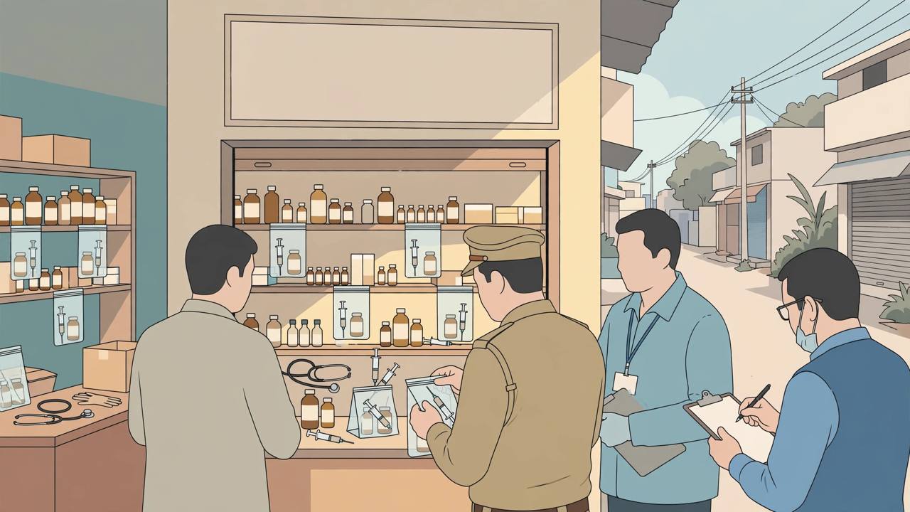 Editorial illustration of police and health officials inspecting a small street clinic in Surat, sealing medicine bottles and syringes into evidence bags