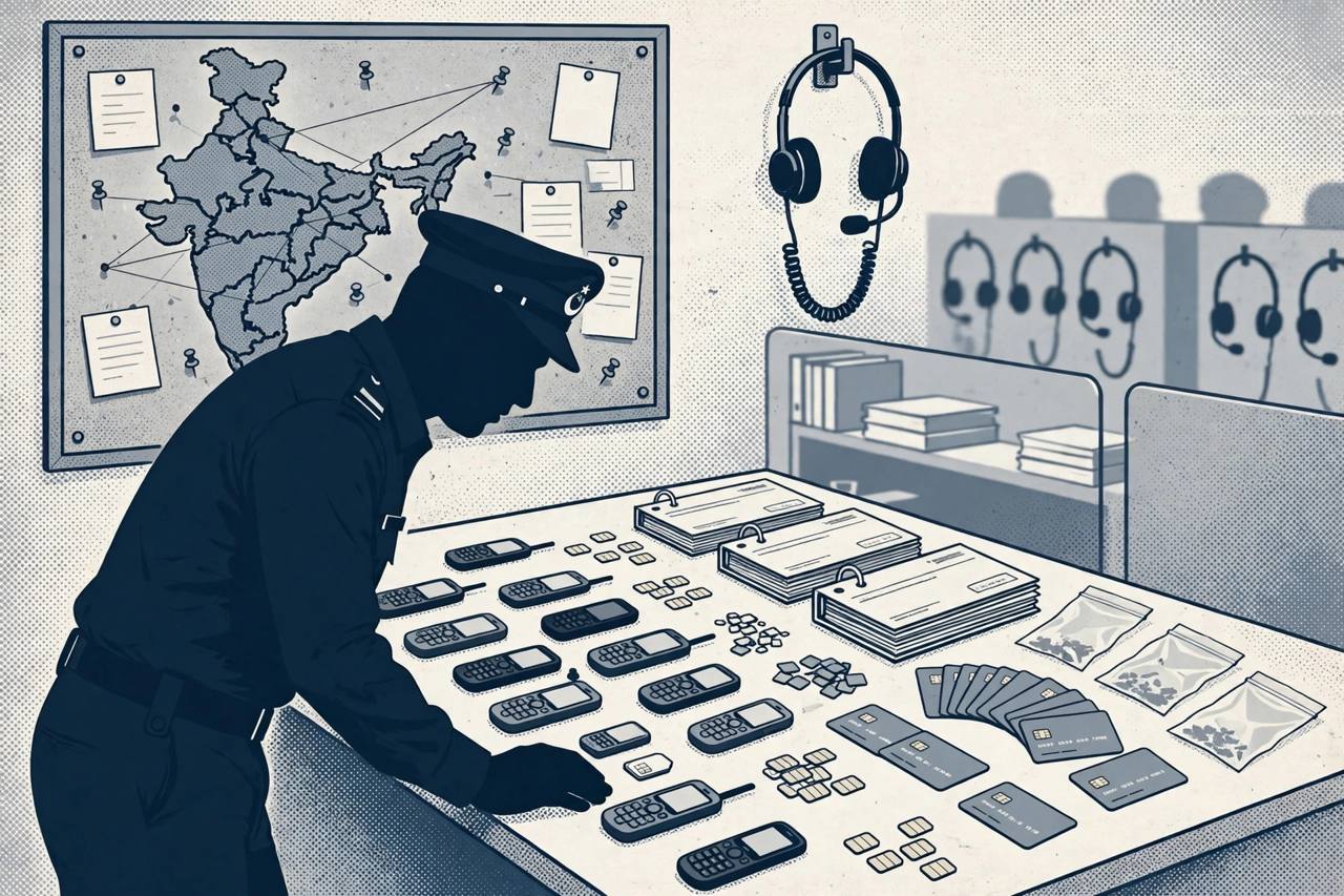 Editorial illustration of a cyber crime investigation desk with seized mobile phones, SIM cards, cheque books and debit cards laid out as evidence