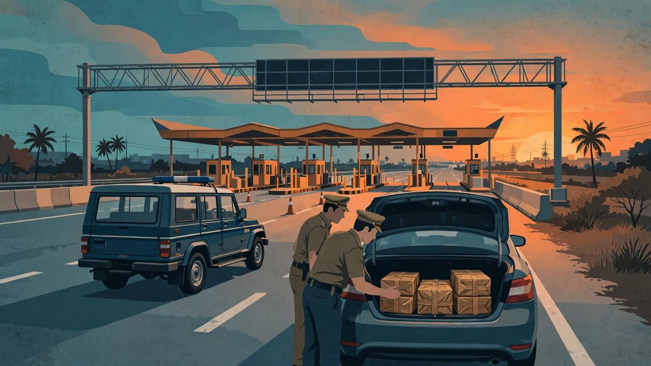 Editorial illustration of police inspecting a car boot with sealed packets at a highway toll plaza