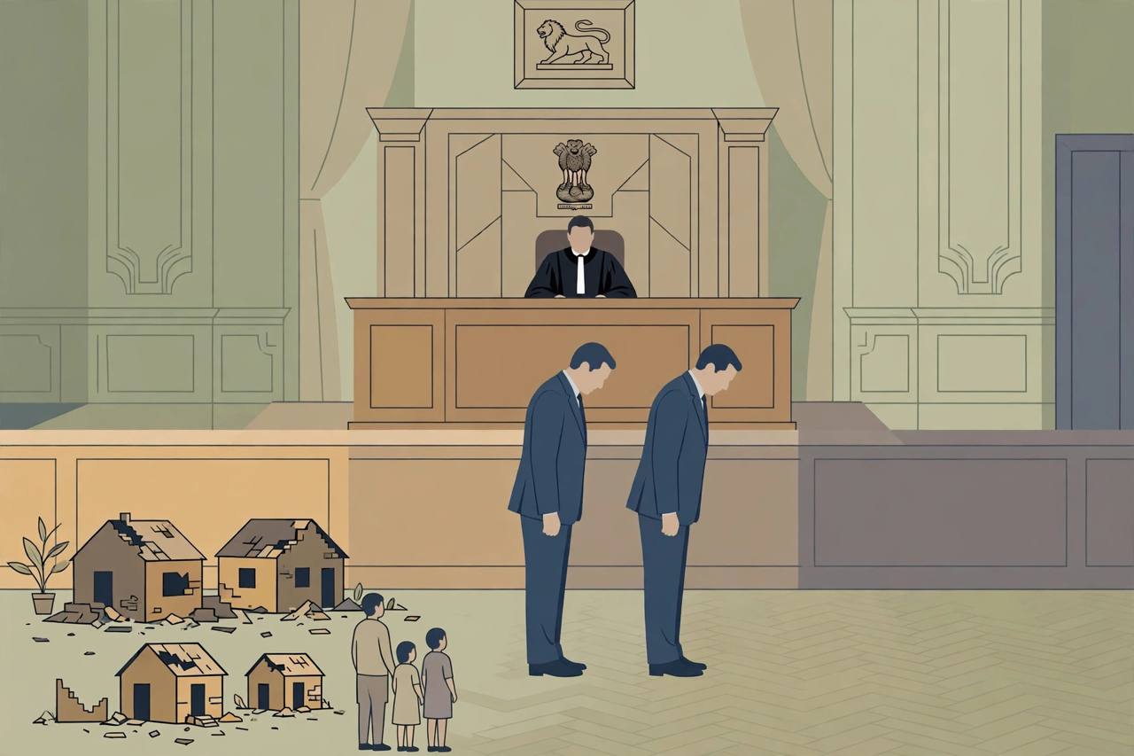 Editorial illustration of a high court courtroom with civic officials standing before a judge, with demolished houses in the foreground