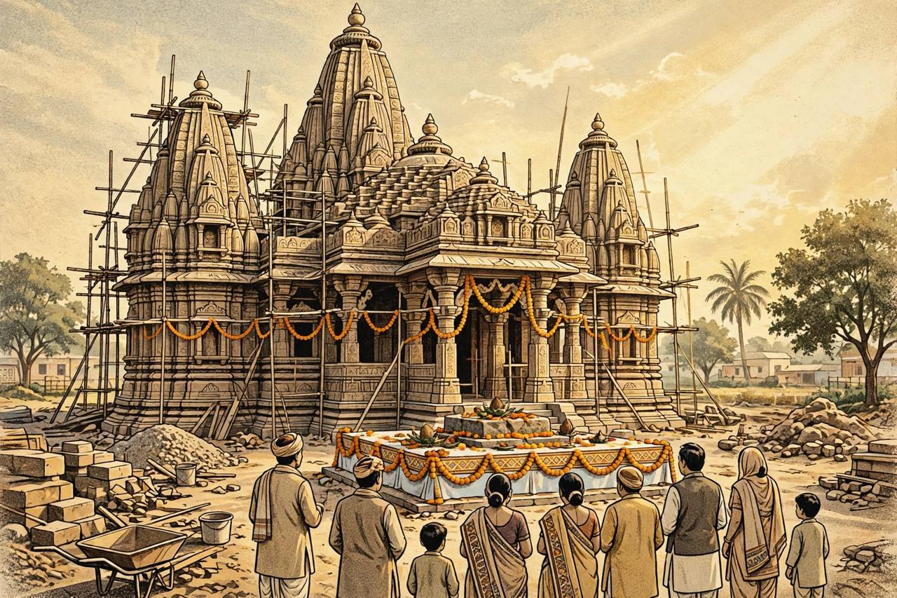 (Editorial illustration) A grand new temple under construction at Kosmada in Surat with carved towers, scaffolding and marigold garlands — flat style, generic figures only, no real person depicted